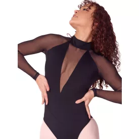   Costum Capezio cu mâneci lungi, inserții din tul și guler înalt, EL109W