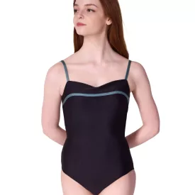   Capezio Cherish body de balet cu bretele subțiri, inserție din tul și bandă decorativă – Verde