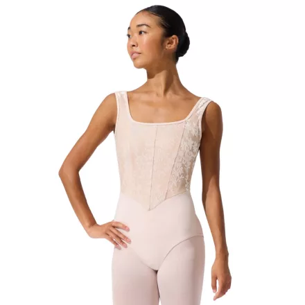 Capezio F12702W Cristobal – leotard fără mâneci, cu croială tip corset și inserții din tulle